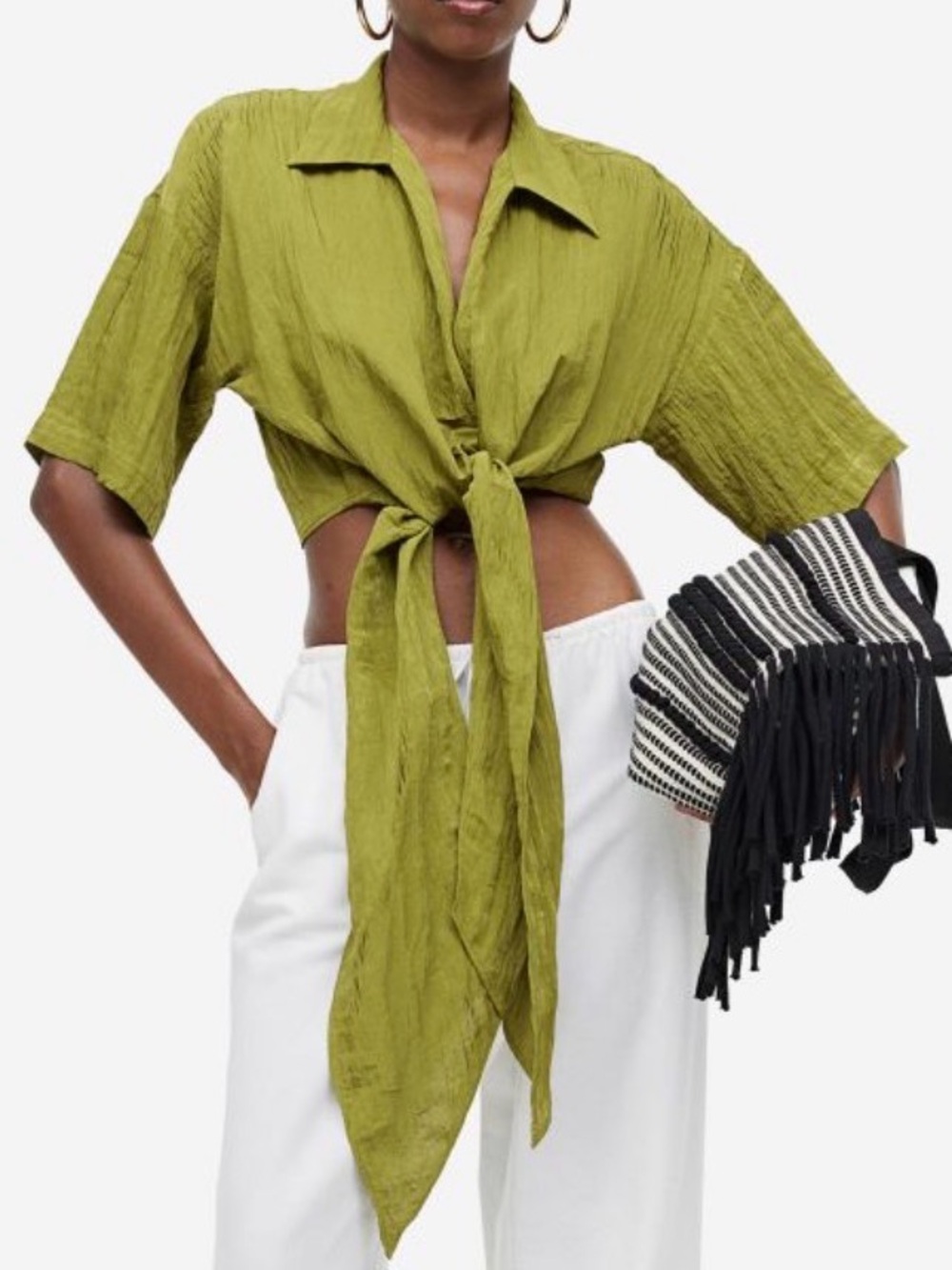 Tie-Front Cropped Shirt in Olive Green